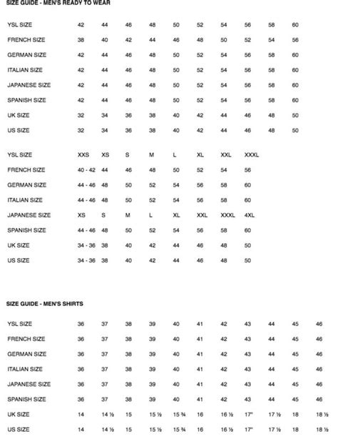 ysl dress shirt size chart|YSL shirts size chart.